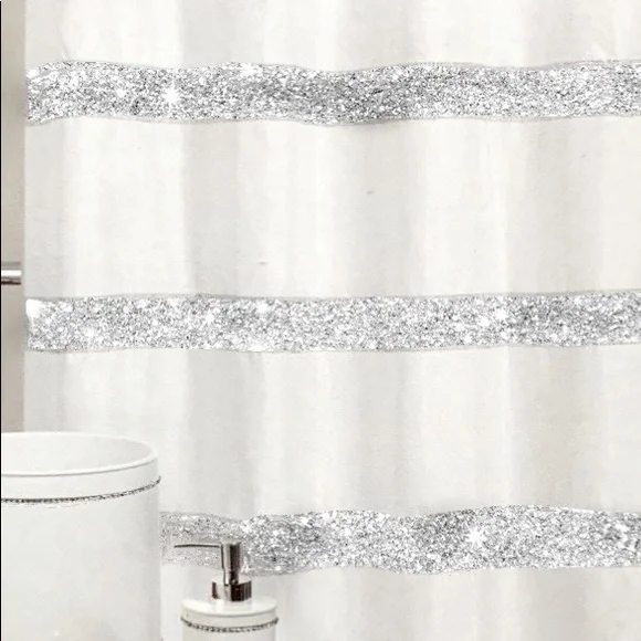 White Diamonds Shower Curtain Fabric Sparkling Rhinestones 72” x 72” White - Picture 3 of 14